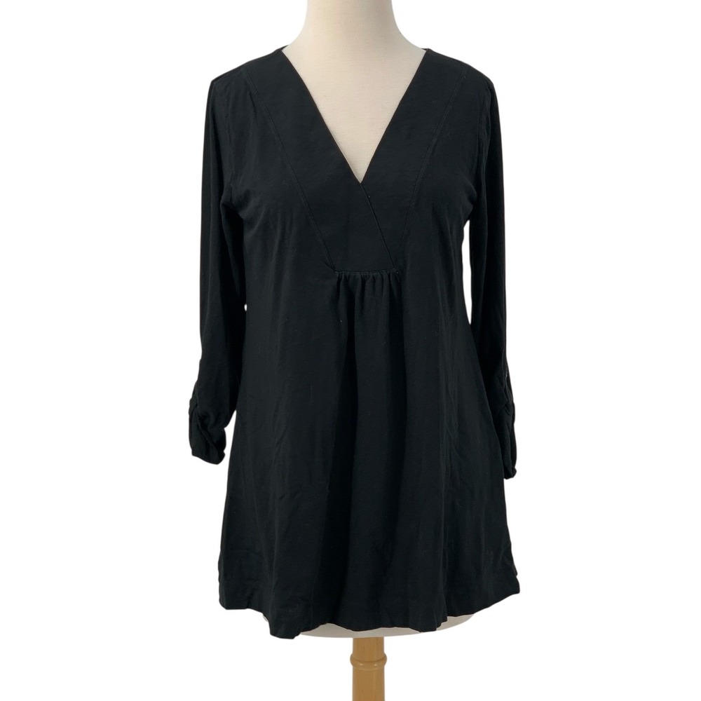 JJill Women's Black V-Neck Gathered Tunic Top Long Sleeve Roll Tab Size S